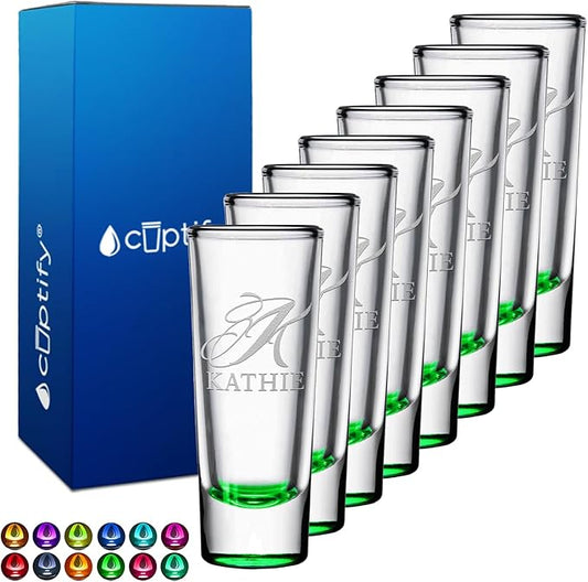 Personalized Shot Glasses Set of 8 Green Bottom Custom 2 oz Cordial Shot Glass Initial and Name for Gifts, Weddings, Birthdays, Party, Event, Decorations