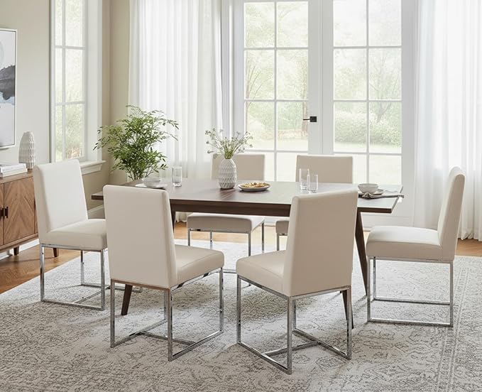 CIMOTA Modern Dining Chairs Set of 2, Upholstered Dining Room Chairs Armless Guest Side Chair with Chrome Base for Dining Room/Kitchen, Beige, 2PCS