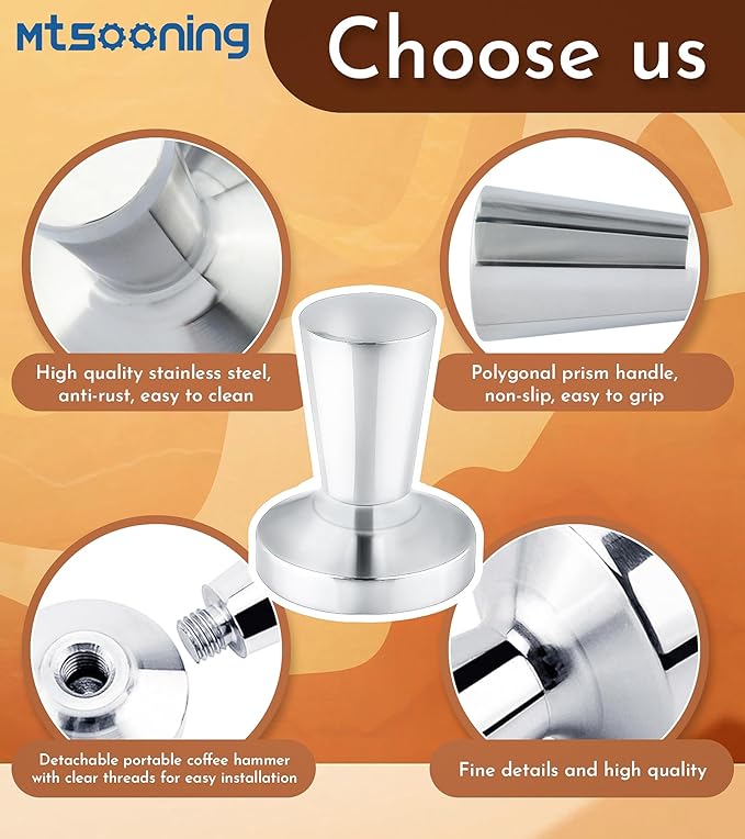 Mtsooning 40mm Coffee Tamper, Solid Stainless Steel Barista Powder Press Leveler Tool, Espresso Coffee Tamper Hammer for Coffee Grounds Machines Accessory