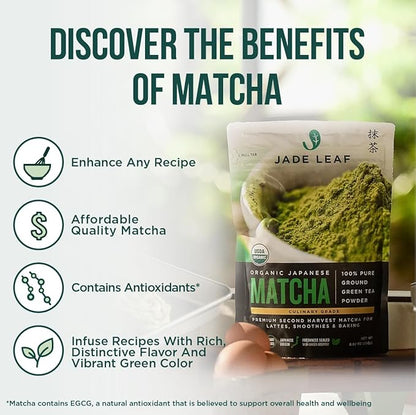 Jade Leaf Matcha Organic Premium Ceremonial Grade Matcha Green Tea Powder - Japanese - Culinary, Ingredient, Ceremonial Barista Teahouse, Latte, Collagen, 8.8 Ounce (Pack of 1), Culinary