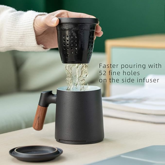 ZENS Tea Cup with Infuser and Lid for Loose Leaf Tea Steeper, 12oz Black Ceramic Tea Mug with Wood Handle for Tea Lovers Gifts