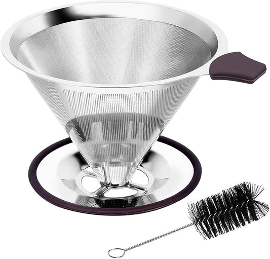 Pour Over Coffee Dripper Pour Over Coffee Filter, Cone Stainless Steel Reusable Paperless Double Layer Mesh Cup Metal Fine Mesh Strainer Slow Drip Portable with Stand & Cleaning Brush Camping