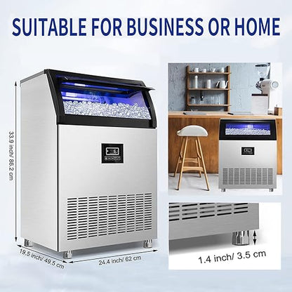 Commercial Ice Maker Machine 360LBS/24H with 77LBS Large Ice Storage Bin, 126Pcs Clear Ice Cubes in 8-15Mins, Stainless Steel Under Counter Industrial Ice Machine for Bar, Restaurant Business