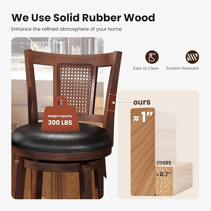 PHI VILLA 30 inch Bar Stools Set of 6, Swivel Wooden Barstools Tall Upholstered Faux Leather Barstool with Back, Vintage Bar Height Chairs,Kitchen Stools, Pub