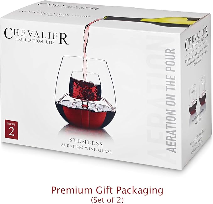 Stemless Aerating Wine Glasses (Set of 2) by Chevalier Collection – Patented Wine Glasses with Built In Aerator