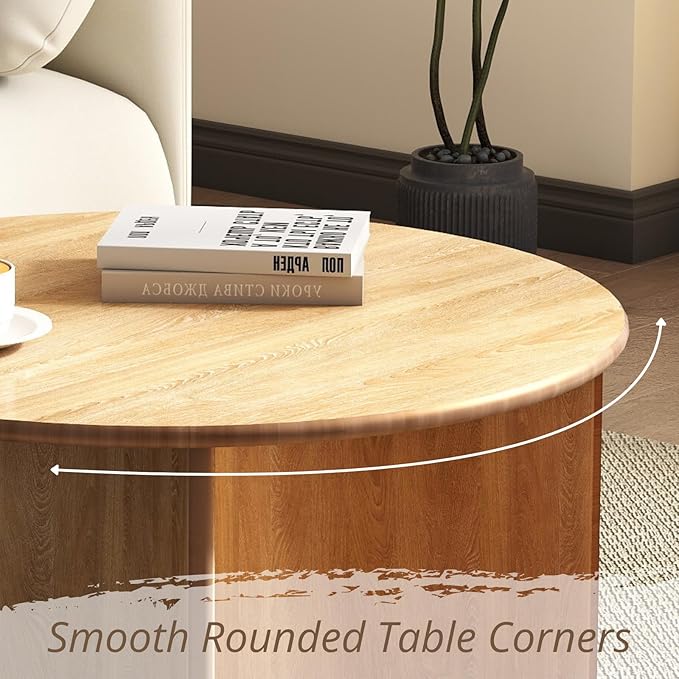 31.5″ Round Coffee Table, Natural Wooden Circle Coffee Table with Curved Base, Solid Wood, Ideal for Living Room, Apartment, Compact Place