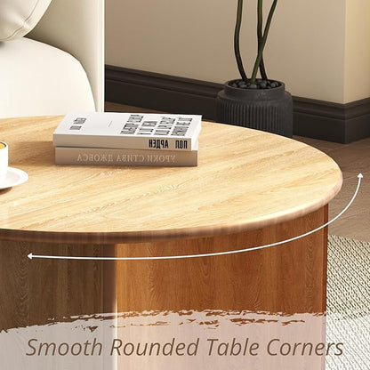 31.5″ Round Coffee Table, Natural Wooden Circle Coffee Table with Curved Base, Solid Wood, Ideal for Living Room, Apartment, Compact Place