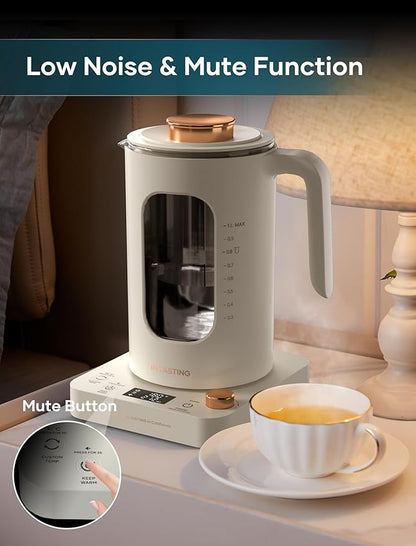 Electric Tea Kettle, INTASTING Glass Electric Kettle with tea Infuser and Precise knob temperature control, 1200W Fast Heating, BPA-Free, Easy to Clean, for Tea and coffee, 1 Liter (Cream White)