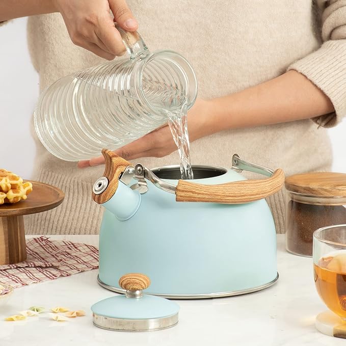 Whistling Stainless Steel Diamond Pattern Tea Kettle with Wood Grain Anti Heat Handle, Stainless Steel Cover Wood Grain Nylon Cover Top Tea Pot (Green)