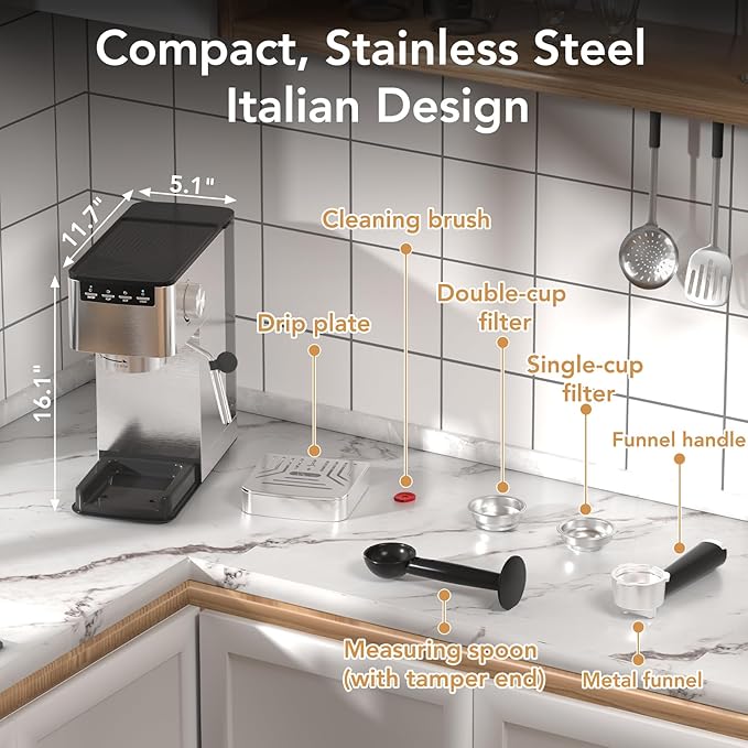 Kndko Espresso Machine, 20 Bar Espresso Coffee Maker with Steam Milk Frother, Compact Stainless Steel Coffee Machine with 40.5oz Removable Water Tank for Espresso, Latte, Cappuccino, Iced Coffee