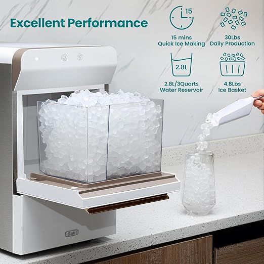 Gevi V2.0 Quiet Countertop Nugget Ice Maker, Self-Cleaning Chewable Pellet Ice Machine, 38 lbs/24H, Energy-Efficient, White