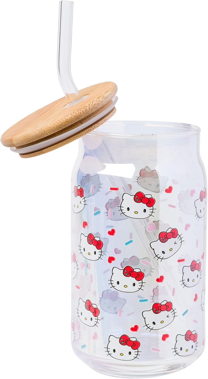 Silver Buffalo Sanrio Hello Kitty 2 Pack Iridescent Glitter Glass Jar Tumbler with Bamboo Lid and Glass Straw, 16 Ounces