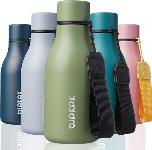 BJPKPK Insulated Water Bottles, 12oz Stainless Steel Metal Water Bottle with Strap, BPA Free Leak Proof Jugs, Mugs, Flasks, Reusable Thermal Flasks for Sports & Travel, Forest Green