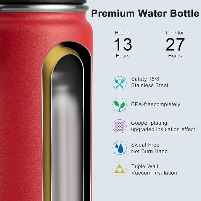 koodee Small 12 oz Stainless Steel Vacuum Insulated Wide Mouth Water Bottle with Leakproof Spout Lid (Canyon Red)