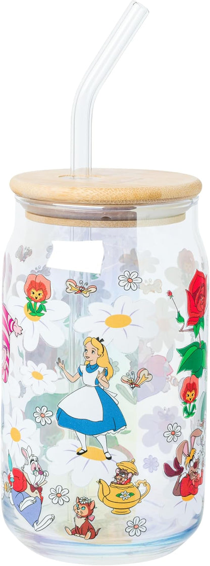 Silver Buffalo Disney Alice in Wonderland Featuring Cheshire Cat, White Rabbit, and Mad Hatter in Wild Flowers Glass Jar Tumbler with Bamboo Lid and Glass Straw, 16 Ounces