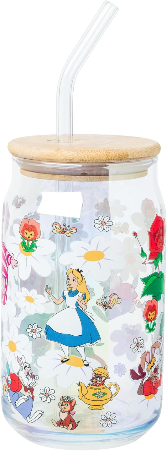 Silver Buffalo Disney Alice in Wonderland Featuring Cheshire Cat, White Rabbit, and Mad Hatter in Wild Flowers Glass Jar Tumbler with Bamboo Lid and Glass Straw, 16 Ounces