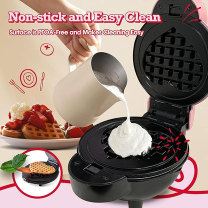 Mini Waffle Maker with 6 Removable Plates,Small Heart Waffle Maker Keto,3-in-1 Multi-plate set,Wafflera Iron for Kids Family&Individuals,4'' Non Stick Cooking Plates with Fast & Even Heating(Pink)