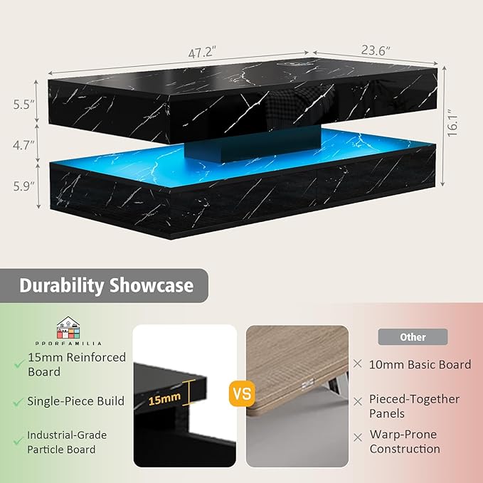 LED Coffee Table, 47.2" Coffee Tables with Storage Drawers, Smart Living Room Table with Wireless Charging & Bluetooth Speaker,Modern Center Tables for Living Room, Black Marble