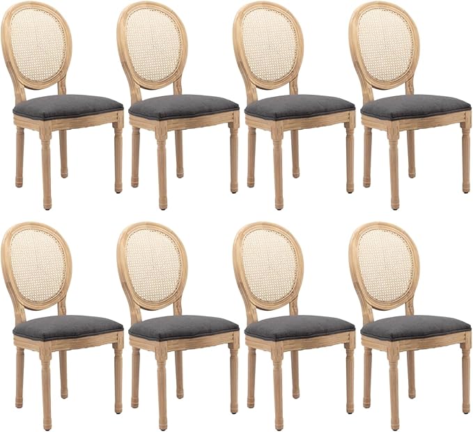 French Country Dining Chairs Set of 8, Vintage Wooden Dining Chairs with Fabric Upholstered Seat&Rattan Oval Backrest,Solid Wood Legs&Frame, Farmhouse Kitchen&Living Room Chairs(Gray,8 Pcs)