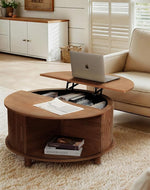 Load image into Gallery viewer, Round Lift Top Coffee Table with Storage, Mid Century Modern Center Table with 180° Sliding Tambour Door, Small Circle Wood Fluted Dining Table for Living Room, Walnut