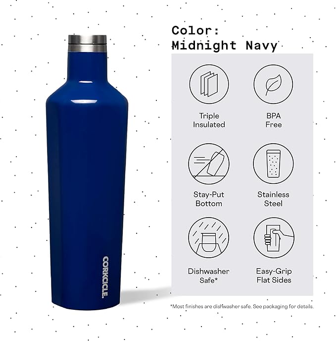 Corkcicle Classic Canteen Insulated Tumbler, Gloss Midnight Navy, 25 oz – Reusable Water Bottle Keeps Beverages Cold for 25 Hours & Hot 12 Hours – Cupholder Friendly Tumbler with Screw-On Cap