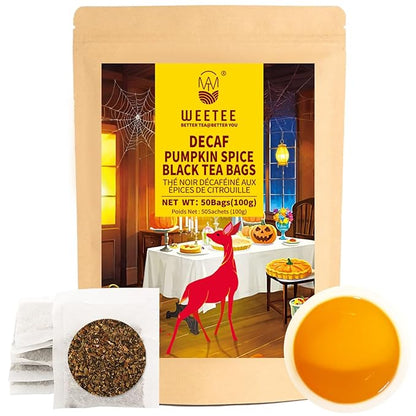 WT WEETEE Decaf Pumpkin Spice Tea, 50 Count Decaffeinated Black Tea Bags with Pumpkin Spice Chai Flavor, Warm, Spicy & Aromatic, Holiday and Fall | Halloween Tea