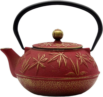 Cast Iron Teapot Tea Kettle with Stainless Steel Infuser for Stovetop Safe Coated with Enameled Interior Japanese Red Tetsubin with Maple Leaves Pattern(30.4oz/900ml)