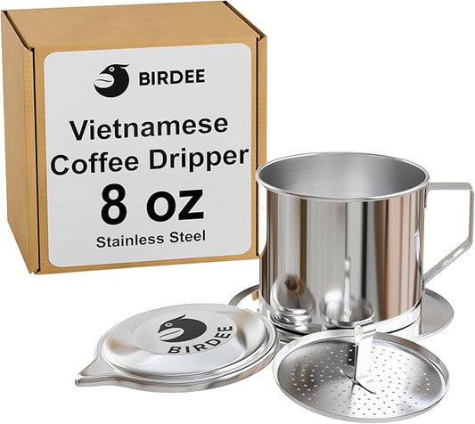 Birdee Vietnamese Coffee Dripper - Make up to 8 oz Cup, Stainless Steel, Small Drip Filter, Durable, Dishwasher Safe, Home Use, Travel, Camping, Gift Sets