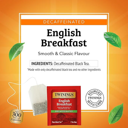 Twinings Decaffeinated English Breakfast Black Tea Individually Wrapped Bags, 25 Count (Pack of 6), Flavourful, Robust, Enjoy Hot or Iced, 150 Teabags
