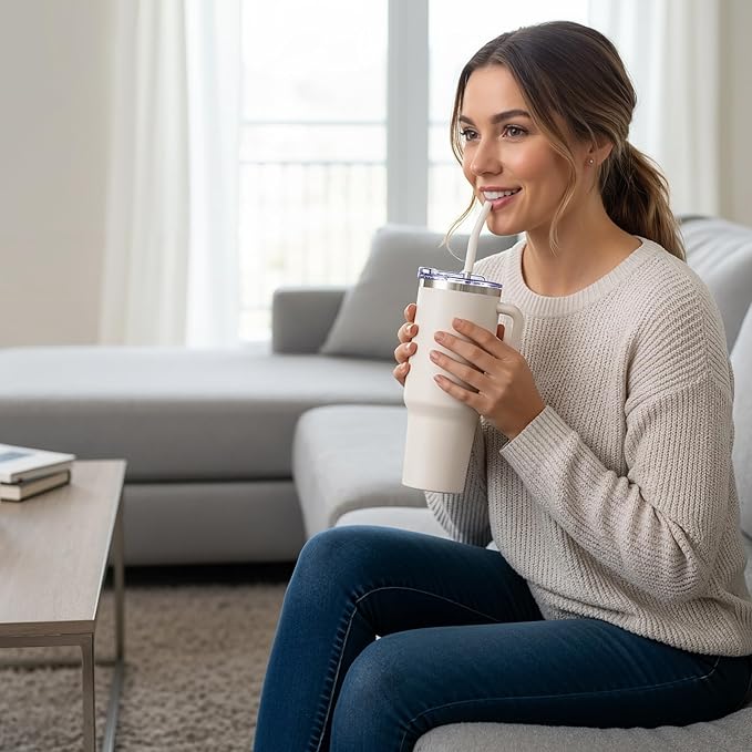 COKTIK 40 oz Tumbler With Handle and Straw Lid, Vacuum Insulated Travel Coffee Mug Stainless Steel Insulated Cup for Beverages, Leak-proof, Cupholder Friendly (Beige)