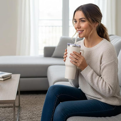 COKTIK 40 oz Tumbler With Handle and Straw Lid, Vacuum Insulated Travel Coffee Mug Stainless Steel Insulated Cup for Beverages, Leak-proof, Cupholder Friendly (Beige)