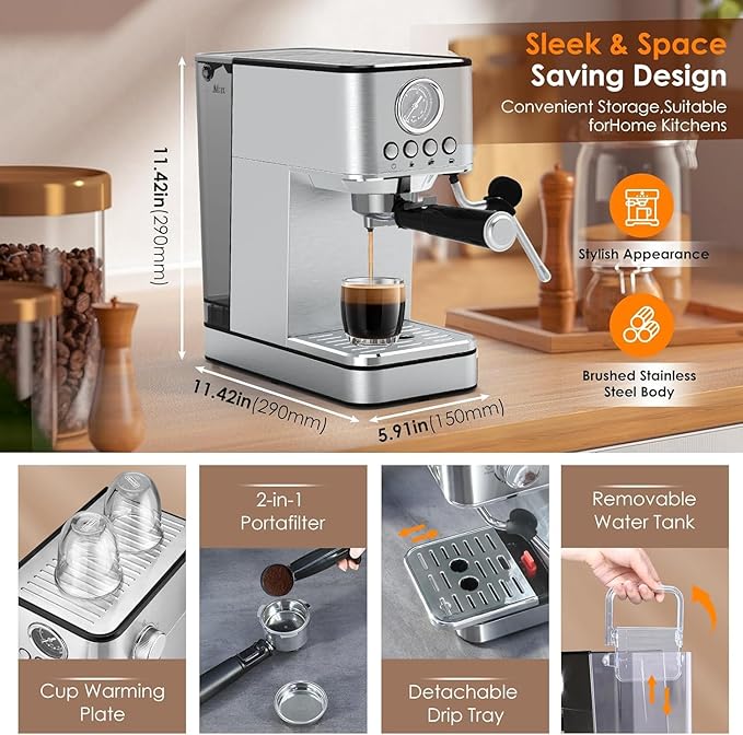 Espresso Machine Coffee Makers 20 Bar, Stainless Steel Espresso Machine with Milk Frother/Steam Wand for Espresso, Latte and Cappuccino - Premium Home Coffee Maker for Barista Quality Drinks