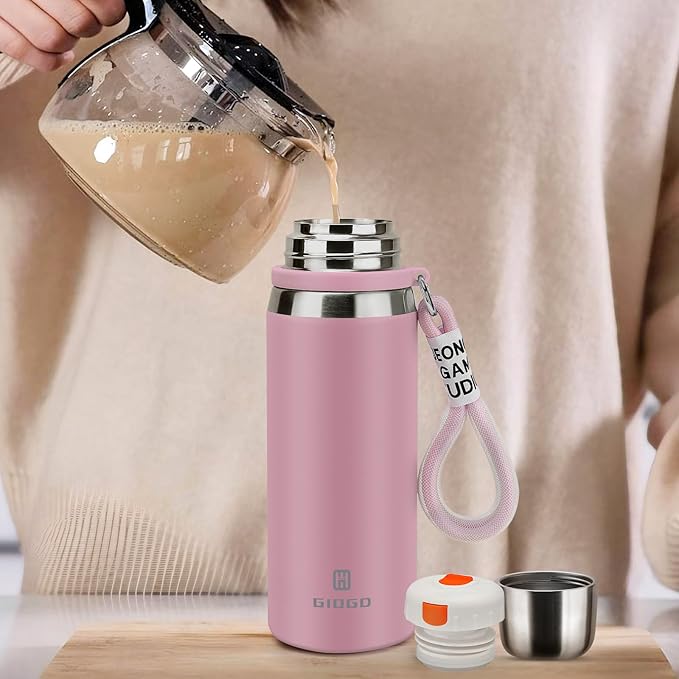 Stainless Steel thermo Bottles with cup 700ml/23.7oz Vacuum Insulated Bottle for hot and cold coffee drink water thermo flask with cup.(Pink,700ml)