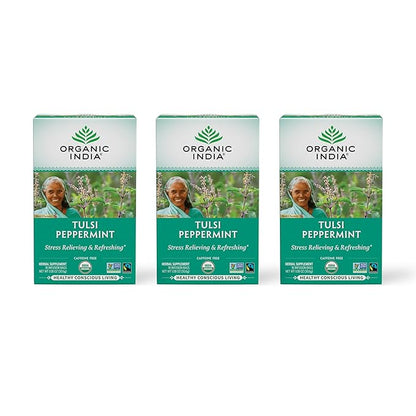 ORGANIC INDIA Tulsi Peppermint Tea - Caffeine Free Herbal Mint Tea - Stress Relieving Holy Basil, Immune & Digestion Support, Vegan, USDA Certified Organic, Fairtrade - 18 Infusion Bags, 3 Pack