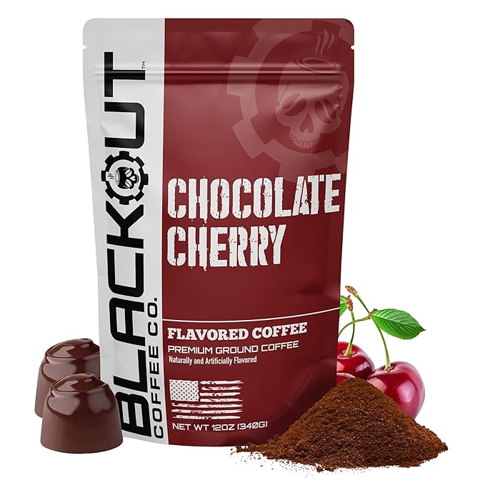 Blackout Coffee Chocolate Cherry Flavored Ground Coffee – Medium Roast, Smooth Taste, Guilt-Free Indulgence – Freshly Roasted 12oz Pouch.