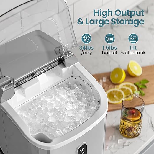 Antarctic Star Countertop Ice Maker with Soft Chewable Pellet Ice, 34lbs/24Hrs, One-Click Operation, Self-Cleaning Portable Peddle Ice Machine with Ice Scoop for Kitchen,Office,Bar,RV (Grey)