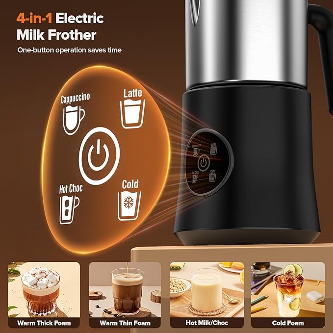 Milk Frother and Steamer, Large Capacity Detachable Electric Milk Frother, Automatic Warm and Cold Foam Maker, Hot Chocolate Maker, BPA Free, Black