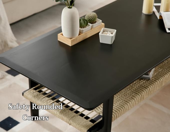 Black Coffee Table for Living Room Farmhouse Coffee Table with Natural Rattan Storage Shelf Large 2-Tier Rectangular Center Table for Living Room Reception