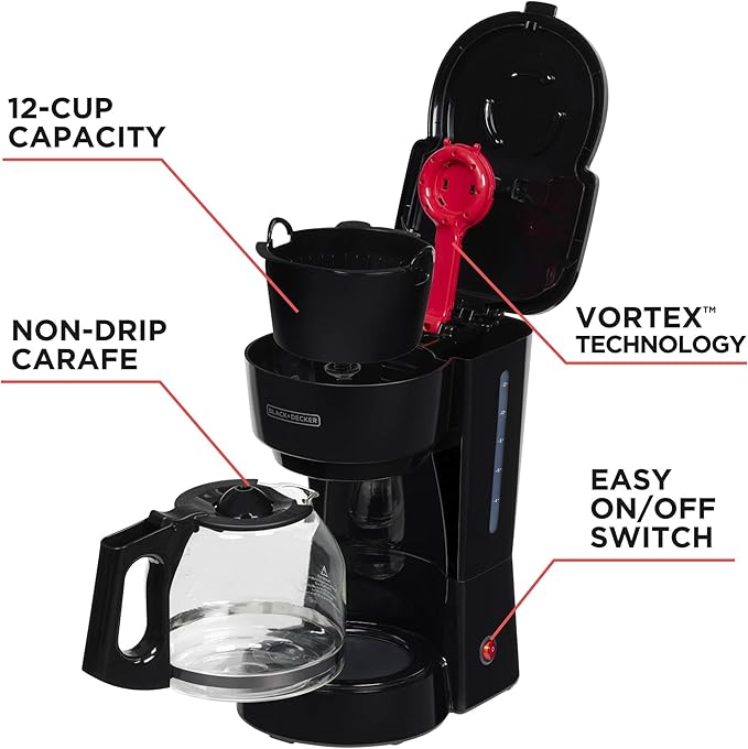 BLACK+DECKER 12-Cup Coffee Maker with Easy On/Off Switch, Easy Pour, Non-Drip Carafe with Removable Filter Basket, Vortex Technology, Black