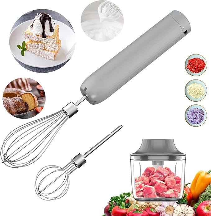 Electric Hand Mixer with Whisk, Handheld Electric Whisk, Hand Blender Set for Mini Food Processor, Rechargeable Cordless Handheld Mixer, Small Food Chopper for Dicing, Mincing, and Puree, 4-Speed,10Oz