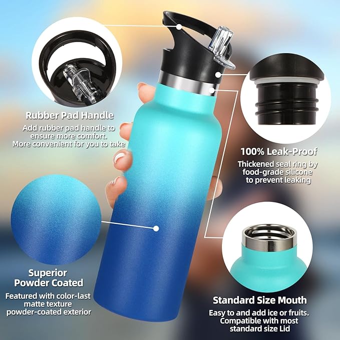 Volhoply 17oz Kids Insulated Water Bottle,Stainless Steel Water Bottles with Straw Lid,Reusable Metal Cups Water Bottle,Double Wall Vacuum Sports School Water Flask Keep Cold(Green Blue,1 Set)