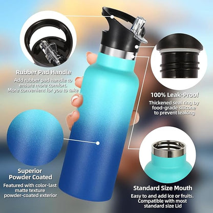 Volhoply 17oz Insulated Water Bottle Bulk 4 Pack,Stainless Steel Kids Water Bottles with Straw Lid,Reusable Metal Water Flask,Double Wall Vacuum Sports School Keep Hot & Cold (Green Blue,4 Set)