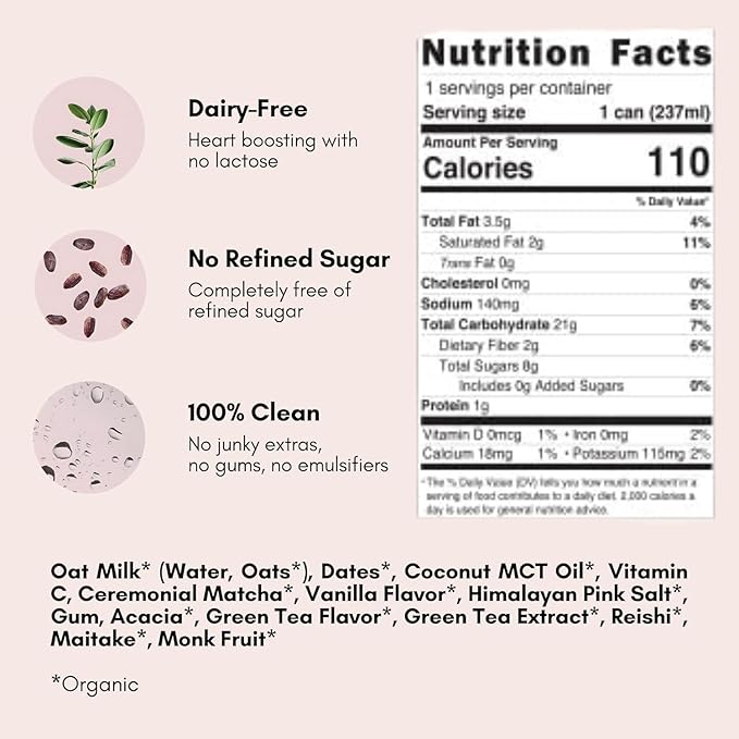 Pop & Bottle, Classic and Matcha Oat Milk Lattes - Reishi and Maitake Mushrooms, Green Tea, Cold Brew, Coffee Berry, MCT Oil, Organic, Dairy & Gluten Free, Vegan - 8 Fl Oz, (Pack of 12), 6 Each