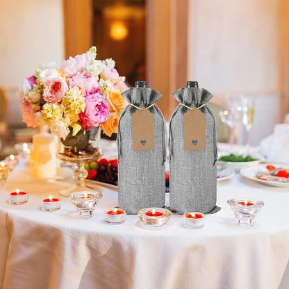 Windyun 100Pcs Burlap Wine Bags Drawstring Wine Bottle Gift Sacks with Tags 5.9 x 13.8 Inch Jute Burlap Plain Wine Bags for Wedding Birthday Blind Tastings Christmas Travel Party (Gray)