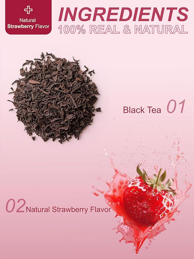TeeLux Strawberry Black Tea Bags, Blend Premium Black Tea with Natural Strawberry Flavor, Full-bodied & Robust Taste, 100 Count