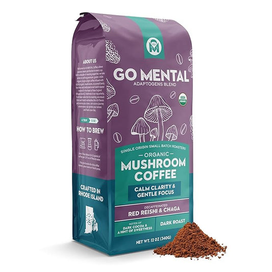 Organic Mushroom Decaffeinated Coffee Dark Roast, Red Reishi & Chaga, Swiss Water Process, Full Fruiting Bodies, Decaf for Calm and Relaxed Focus Grade 1 Single Origin Peruvian, 12oz - Ground