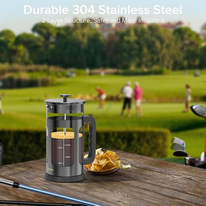 French Press Coffee Maker, French Press 304 Stainless Steel with 4 Filter, Heat Resistant Durable, Easy to Clean, Borosilicate Glass Coffee Press, 100% BPA Free Glass Teapot, 21 ounce, Dark Pewter