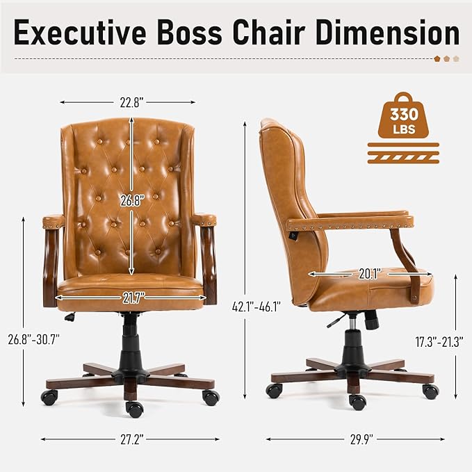 ECOTOUGE Ergonomic Executive Office Chair, Tufted Faux Leather Home Office Desk Chair, Vintage Wingback Swivel Work Chair, Classic Retro Computer Chair, Brown