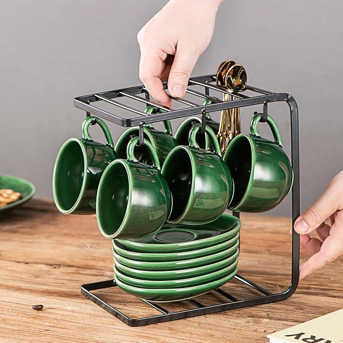 vicrays Ceramic Espresso Coffee Cups - 4 oz Porcelain Espresso Cups Set with Saucers Spoons and Metal Stand for Tea Cafe Cappuccino Latte - Set of 6 - Green
