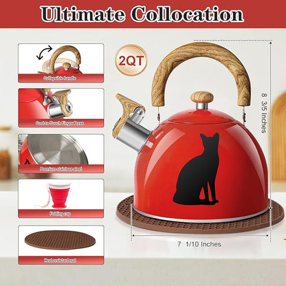 ARC Stainless Steel Red Whistling Tea Kettle, Magic Color Changing Design 2-Quart Stovetop Kettle Whistle Teapot with Folding Cup & Trivet Mat